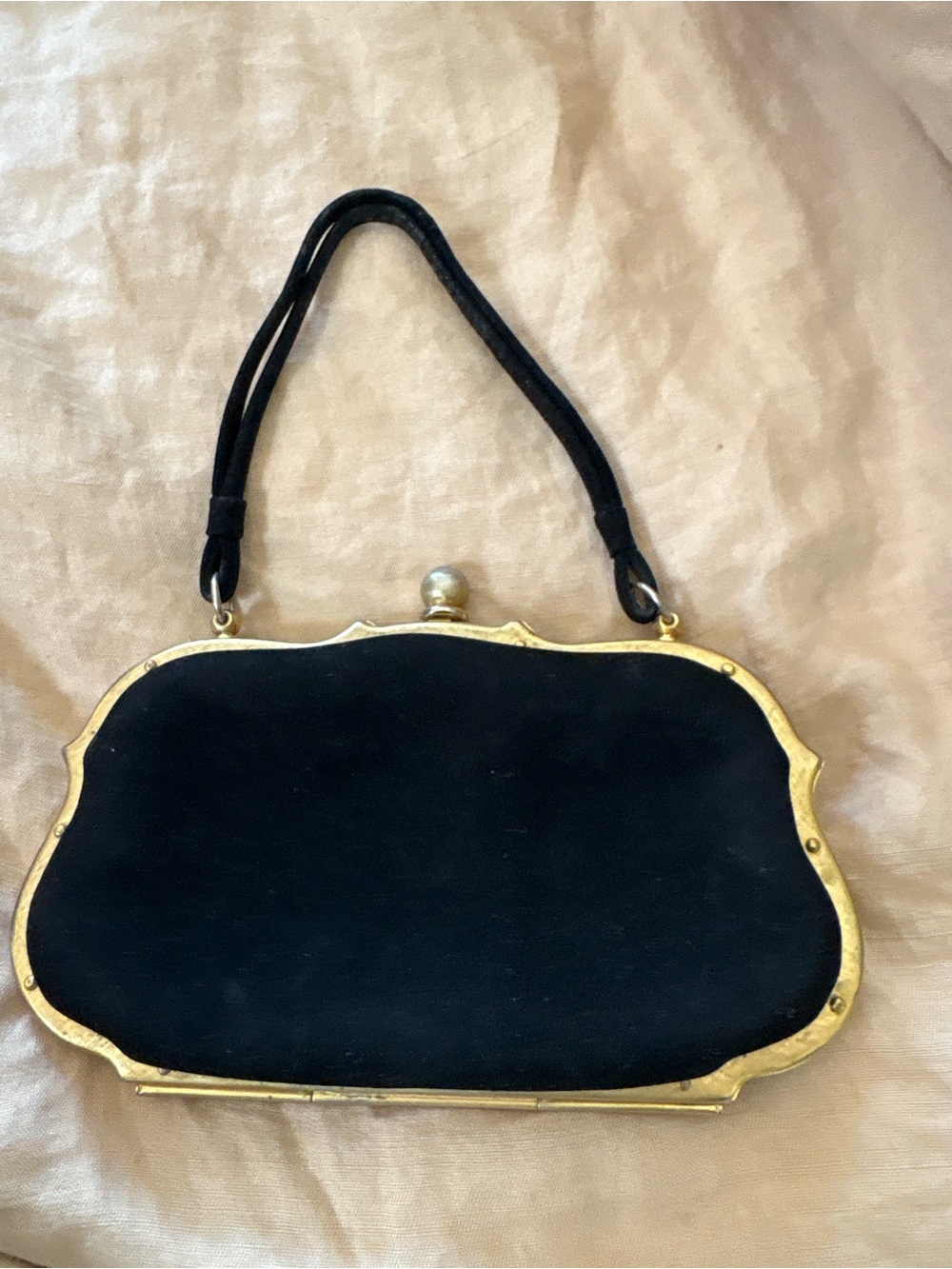 Classic Black Suede Clutch with Gold Frame